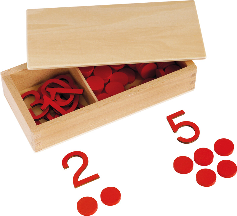 Montessori Ziffern und Chips in Holzbox